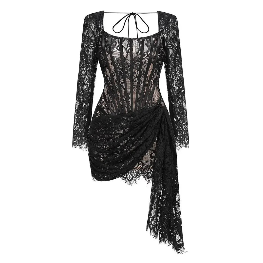 Women’s Strapless Lace Sexy Mini Dress – Elegant Party Sheer Patchwork Slim Fit Gown