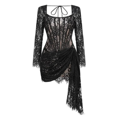 Women’s Strapless Lace Sexy Mini Dress – Elegant Party Sheer Patchwork Slim Fit Gown