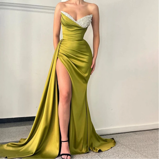 Women’s Glitter Mermaid Evening Elegant Maxi Dress – V-Neck Off-Shoulder Satin Prom Gown with High Slit