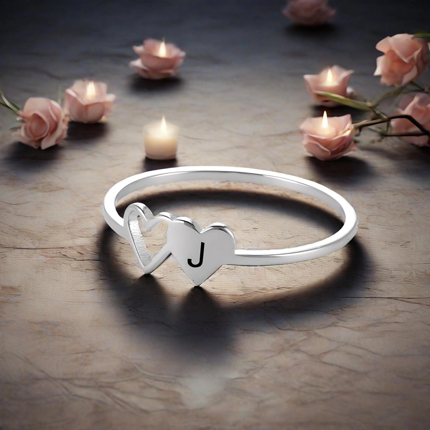 Women’s Stainless Steel Initial Ring – A–Z Alphabet Double Heart Design Jewelry