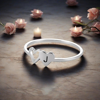 Women’s Stainless Steel Initial Ring – A–Z Alphabet Double Heart Design Jewelry