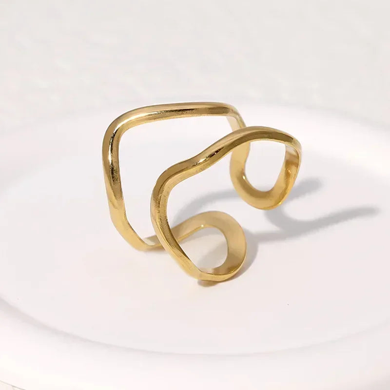 Women’s Irregular Wave Stainless Steel Ring – Adjustable Gold Color Statement Jewelry