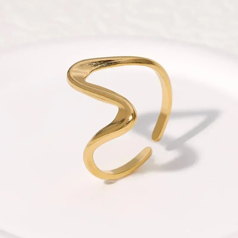 Women’s Irregular Wave Stainless Steel Ring – Adjustable Gold Color Statement Jewelry