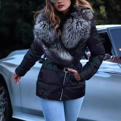 Women’s Glossy Jacket Outerwear – Short Fur Collar Cotton-Padded Puffer