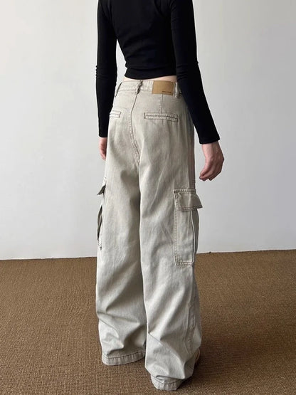 Women’s Y2K Light Khaki Baggy Cargo Jeans Bottom – Wide Leg Casual Streetwear