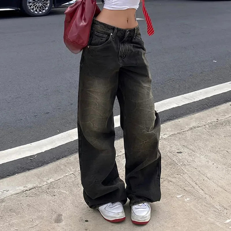 Women’s Vintage Distressed Jeans – Low Waist Wide Leg Denim Pants Bottom