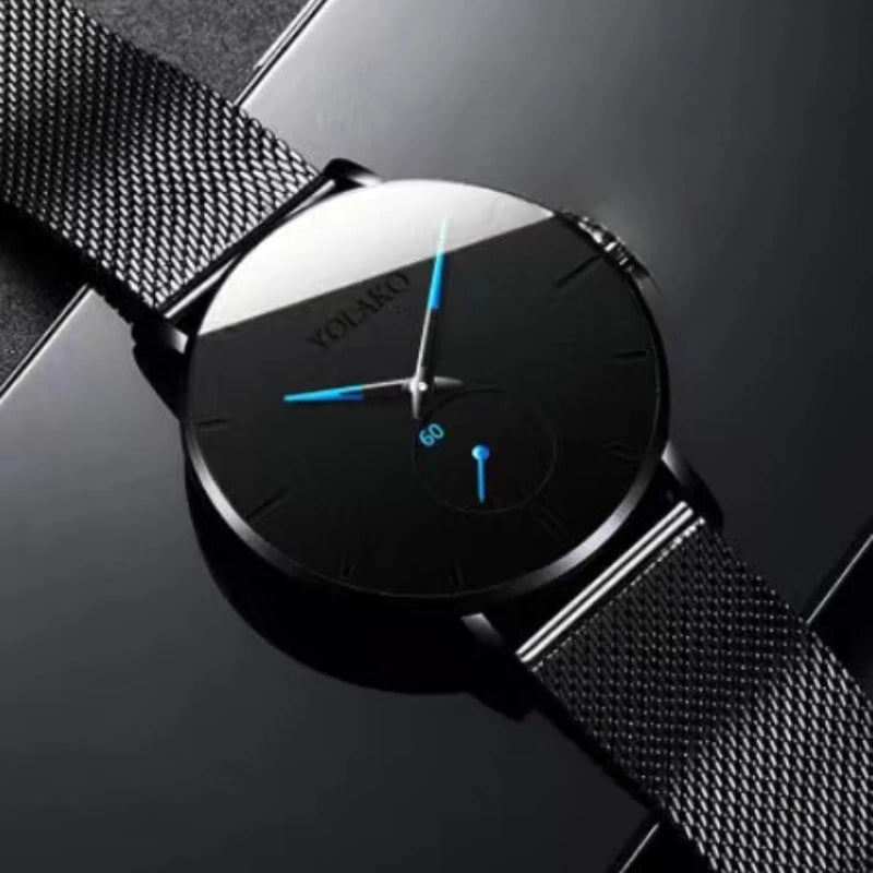 Men’s Ultra Thin Minimalist Watch – Leather & Stainless Steel Mesh Strap