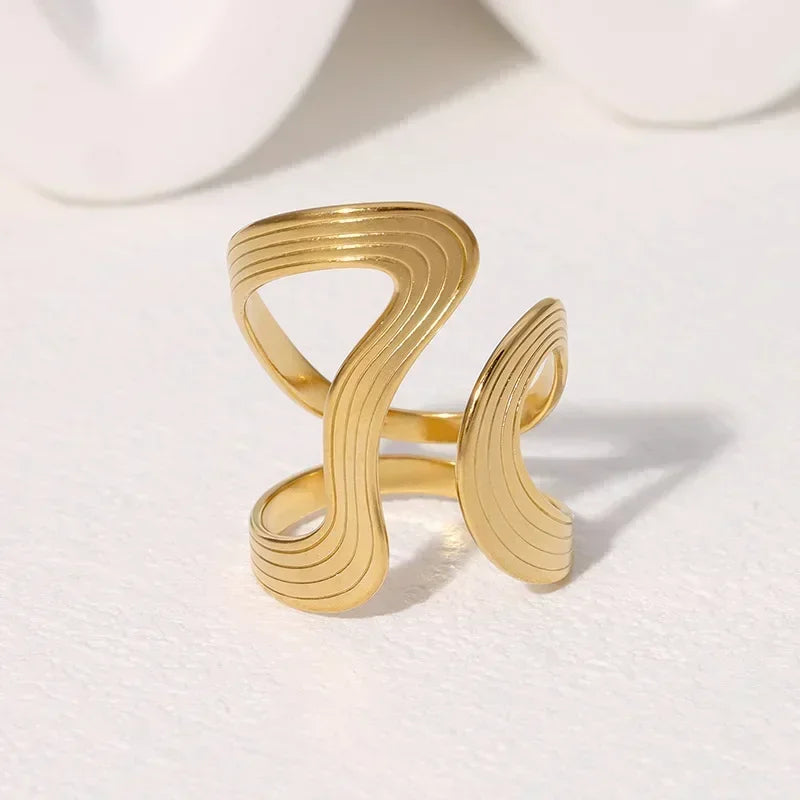 Women’s Irregular Wave Stainless Steel Ring – Adjustable Gold Color Statement Jewelry