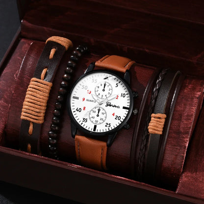 Men’s Luxury Watch Jewelry Set – Leather Strap Fashion Wristwatches Gift Pack with bracelet