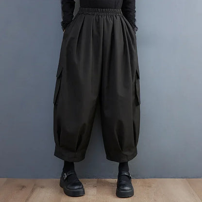 Women’s Vintage Cargo Pants Bottom – Spring Summer High Elastic Waist Oversized Loose Black Trousers with Pockets