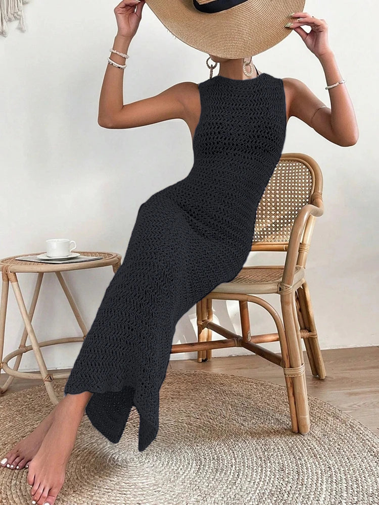 Women’s Elegant Hollow-Out Woolen Dress – Sleeveless Slim Fit Round Neck Dress For Beach Pareo