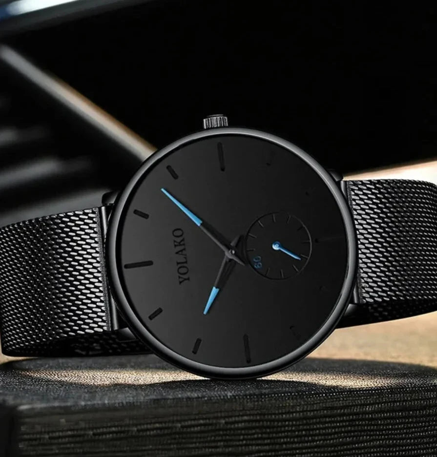 Men’s Ultra Thin Minimalist Watch – Leather & Stainless Steel Mesh Strap