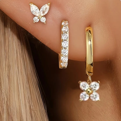 Women’s Luxury Star Pendant Earrings – 3PCS Stainless Steel Zircon Piercing Stud Jewelry