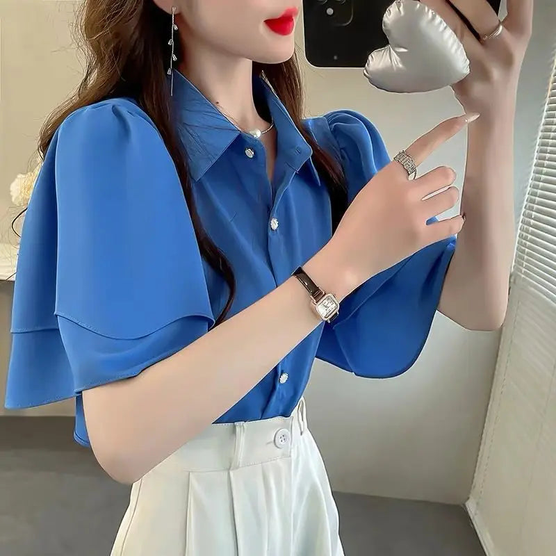 Women’s French Loose Chiffon Top | Summer Solid Color Sleeve Elegant Shirt | Casual Lightweight Fashion Shirt