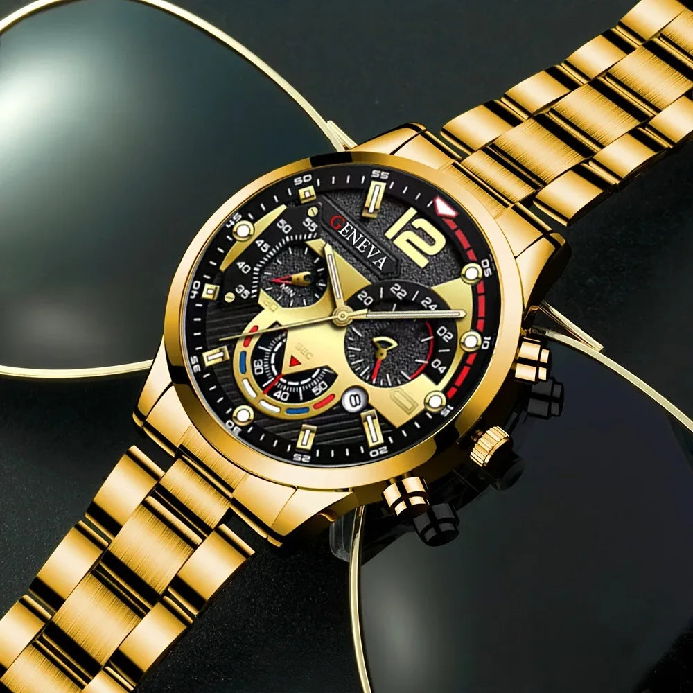 Men’s Luxury Quartz Watch Gift Jewelry Set – Gold Roman Calendar Wristwatch with Cross Necklace, Bracelet & Ring