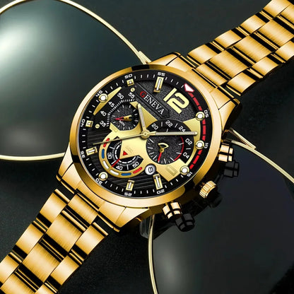 Men’s Luxury Quartz Watch Gift Jewelry Set – Gold Roman Calendar Wristwatch with Cross Necklace, Bracelet & Ring