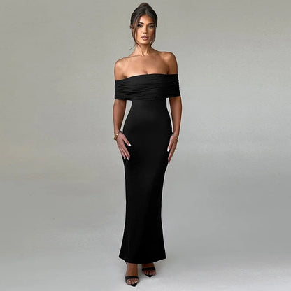 Women’s Off-Shoulder Backless Dress – Elegant Pleated High Slit Evening Party Dress