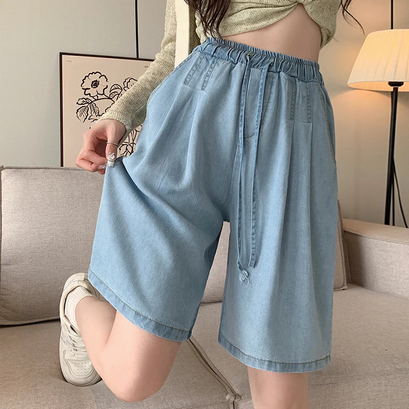 Women’s Denim Bermuda Bottom – High Waist Lace-Up Loose Wide Leg for Spring Summer
