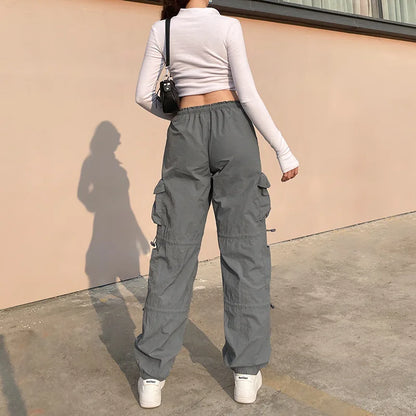 Women’s Cargo Street Pants Bottom – American Hip-Hop Style Multi-Pocket Workwear with Drawstring Elastic Waist and Loose Fit