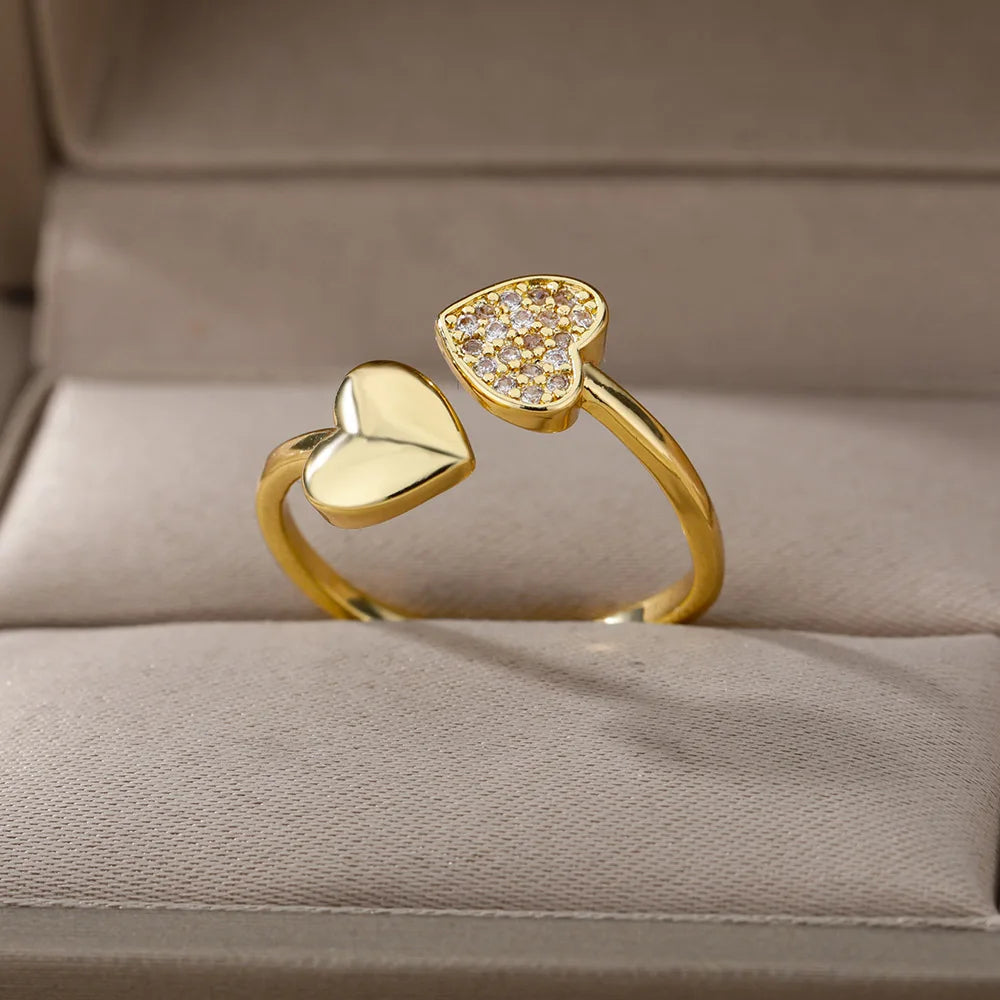Women’s Jewelry Double Heart Zircon Ring | Adjustable | Stainless Steel | Gift