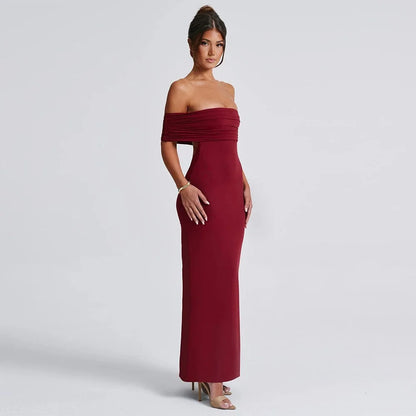Women’s Off-Shoulder Backless Dress – Elegant Pleated High Slit Evening Party Dress