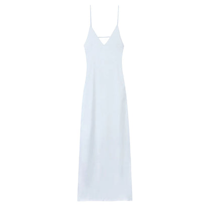 Women’s Yellow Satin V-Neck Maxi Dress – Elegant Sleeveless Loose Sling Party Dress