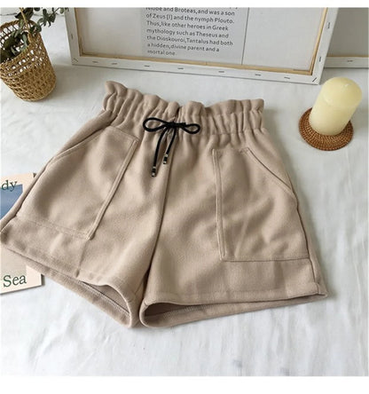 Women’s Woolen Shorts Bottom – High Waist Retro Elegant Solid Loose Fit Winter Streetwear