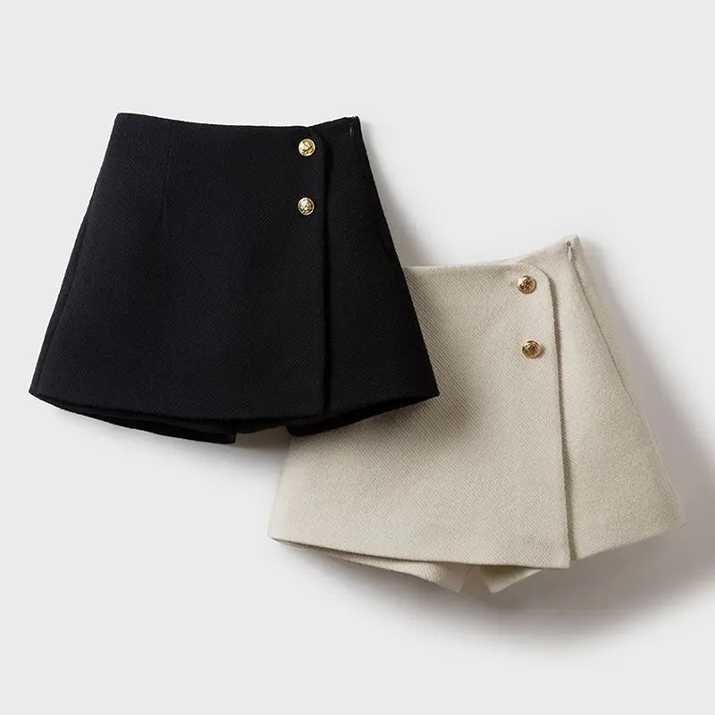 Women’s Patchwork Zipper A-Line Shorts Bottom – High Waist Wide Leg Skirt-Shorts Casual Autumn Winter Fashion