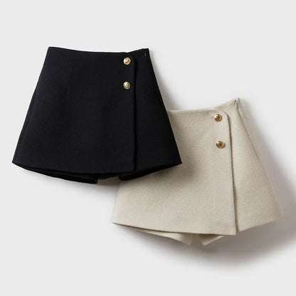 Women’s Patchwork Zipper A-Line Shorts Bottom – High Waist Wide Leg Skirt-Shorts Casual Autumn Winter Fashion