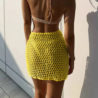 Women’s Knitted Hollow Out Skirt Bottom – Sexy Solid Color Beach Cover-Up Mini Sarong Skirt Summer Trend