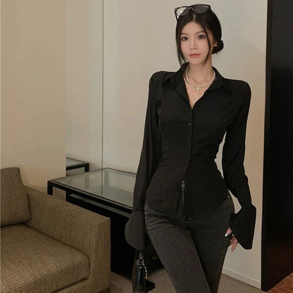 Women’s Korean Bandage Shirt Top – Slim Fit Bell Sleeve Blouse for Spring Casual Streetwear