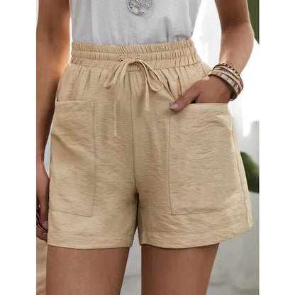 Women’s Loose Linen Shorts Bottom – High Waist Wide Leg Solid Color Casual Summer Bermuda with Pockets
