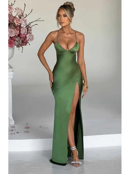 Women’s Satin Spaghetti Strap Dress – Elegant Backless Lace-Up Split Hem Long Party Maxi Dress