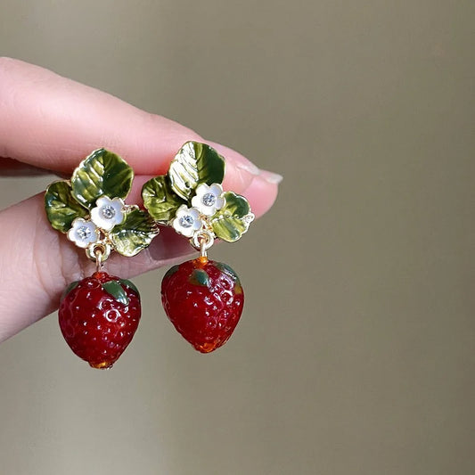 Women’s Strawberry Flower Drop Earrings – 3D Red Fruit & Green Leaf Dangle Jewelry