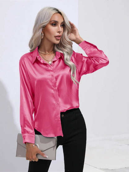Women’s Satin Imitation Silk Shirt | Long Sleeve Lapel Office Top | Elegant Solid Blouse