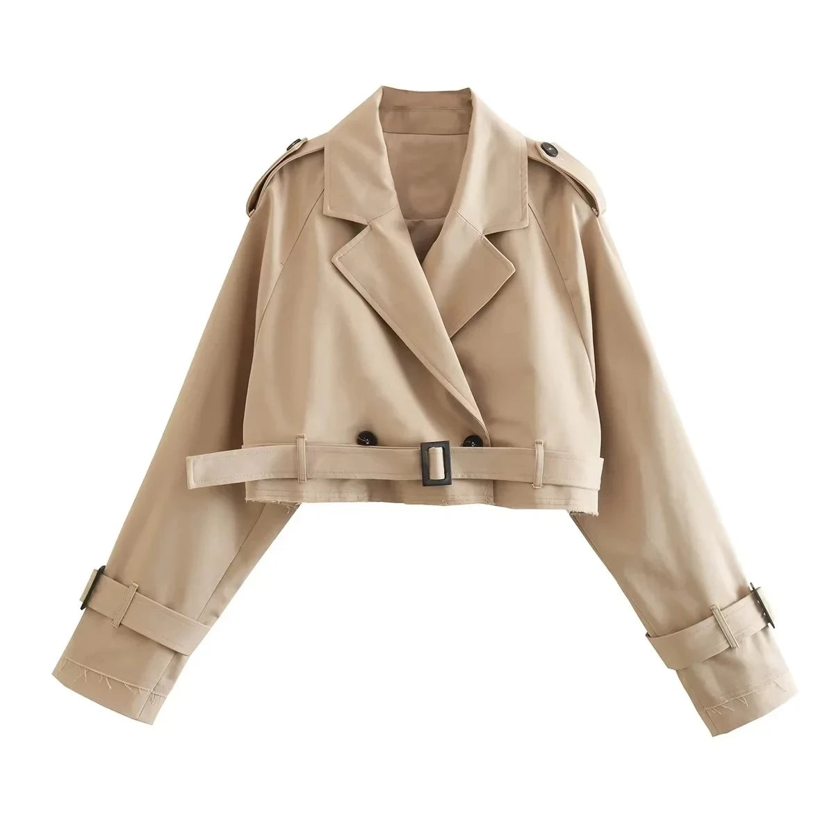 Women’s Belted Cropped Trench Jacket | Vintage Double-Breasted Spring Streetwear | Long Sleeve Coat