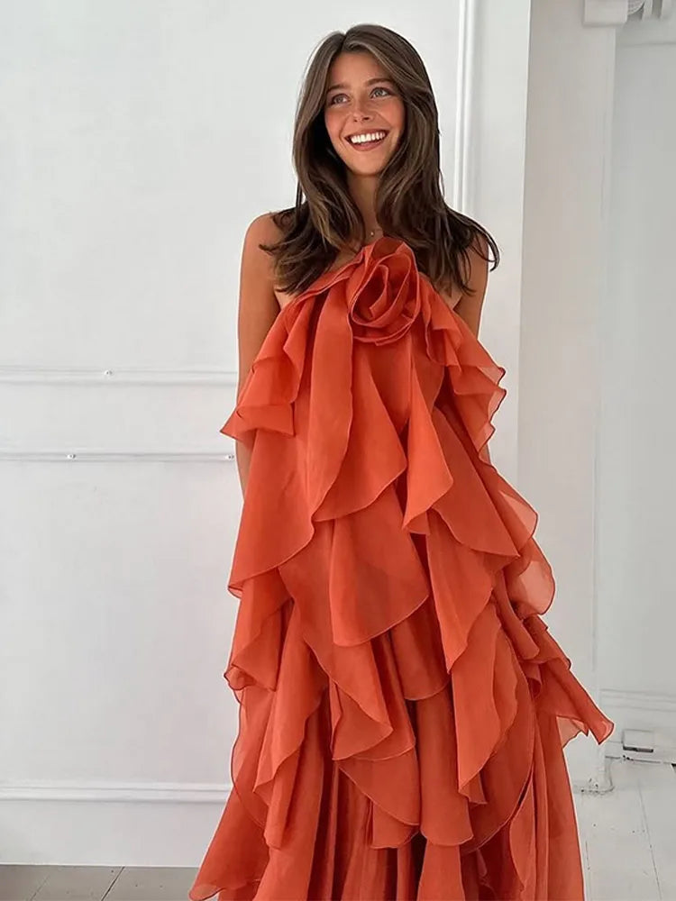 Women’s Ruffled Maxi Dress – Backless Sleeveless Slim Fit Summer Beach & Party Dress