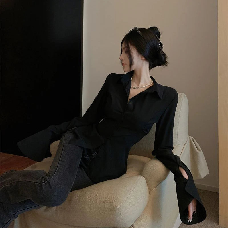 Women’s Korean Bandage Shirt Top – Slim Fit Bell Sleeve Blouse for Spring Casual Streetwear