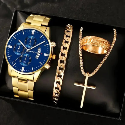 Men’s Luxury Quartz Watch Gift Jewelry Set – Gold Roman Calendar Wristwatch with Cross Necklace, Bracelet & Ring
