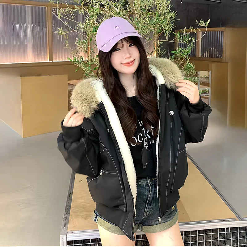Women’s Fur Collar Jacket Outerwear – Short Hooded Retro Jacket