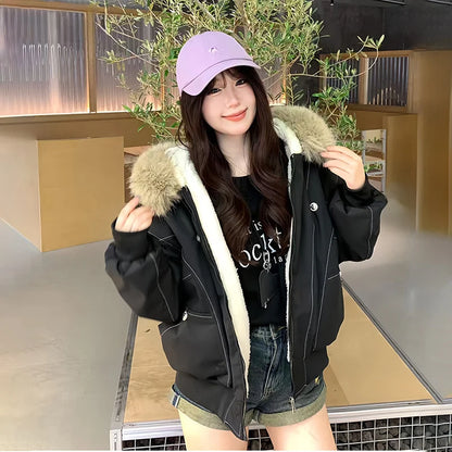 Women’s Fur Collar Jacket Outerwear – Short Hooded Retro Jacket