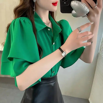 Women’s French Loose Chiffon Top | Summer Solid Color Sleeve Elegant Shirt | Casual Lightweight Fashion Shirt