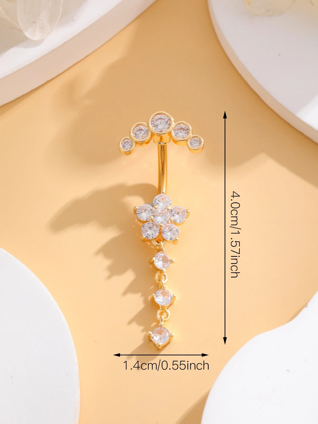 Women’s Gold Stainless Steel Belly Button – Long Dangle Flower CZ Crystal Navel Piercing Jewelry