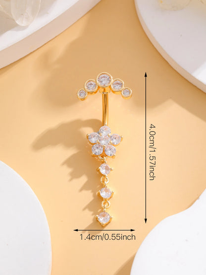 Women’s Gold Stainless Steel Belly Button – Long Dangle Flower CZ Crystal Navel Piercing Jewelry
