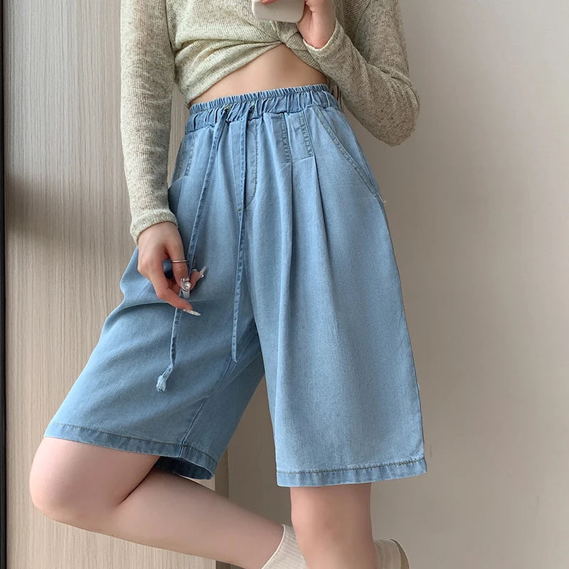 Women’s Denim Bermuda Bottom – High Waist Lace-Up Loose Wide Leg for Spring Summer