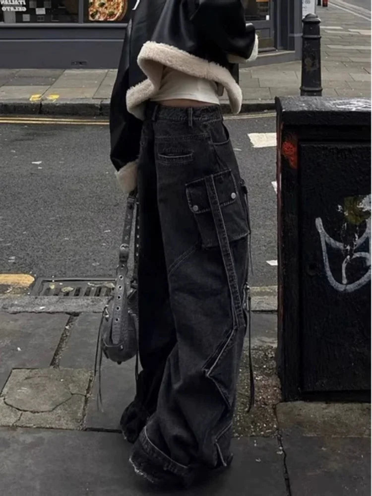 Women’s Punk Y2K Washed Black Cargo Jeans – Wide-Leg Baggy Streetwear Pants with Pockets