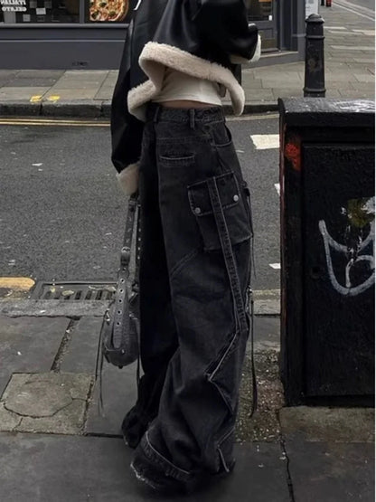 Women’s Punk Y2K Washed Black Cargo Jeans – Wide-Leg Baggy Streetwear Pants with Pockets