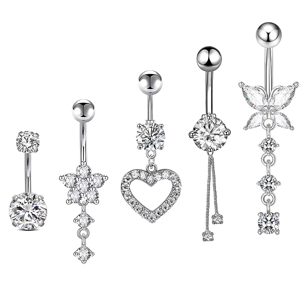 Women’s Belly Button – 5pcs Dangled Butterfly & Heart Navel Piercing Body Jewelry