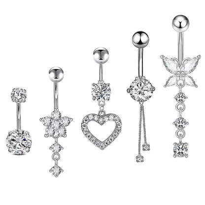 Women’s Belly Button – 5pcs Dangled Butterfly & Heart Navel Piercing Body Jewelry