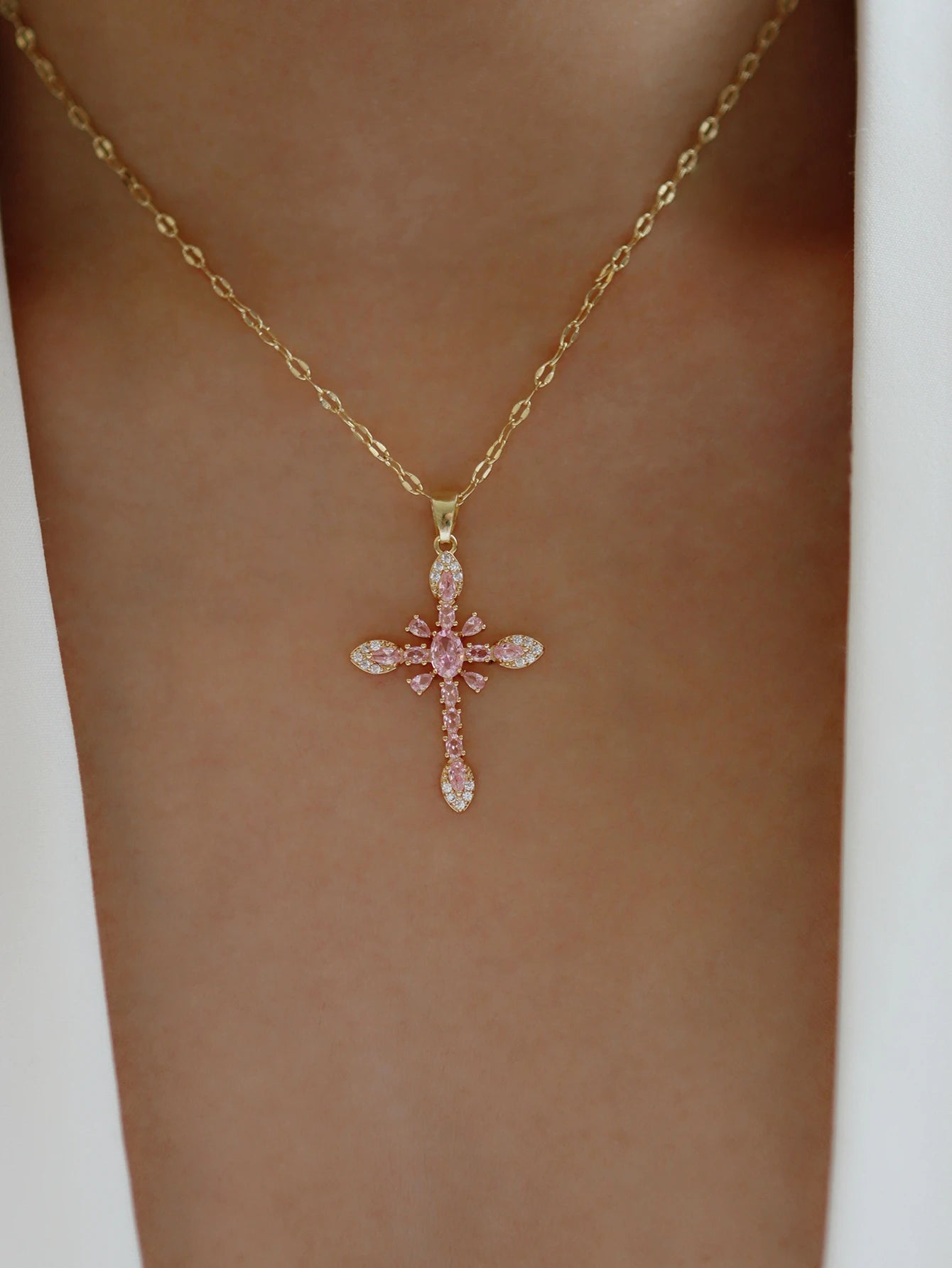 Women’s Jewelry Zircon Cross Pendant Necklace | Elegant | Gold Tone | Long Chain